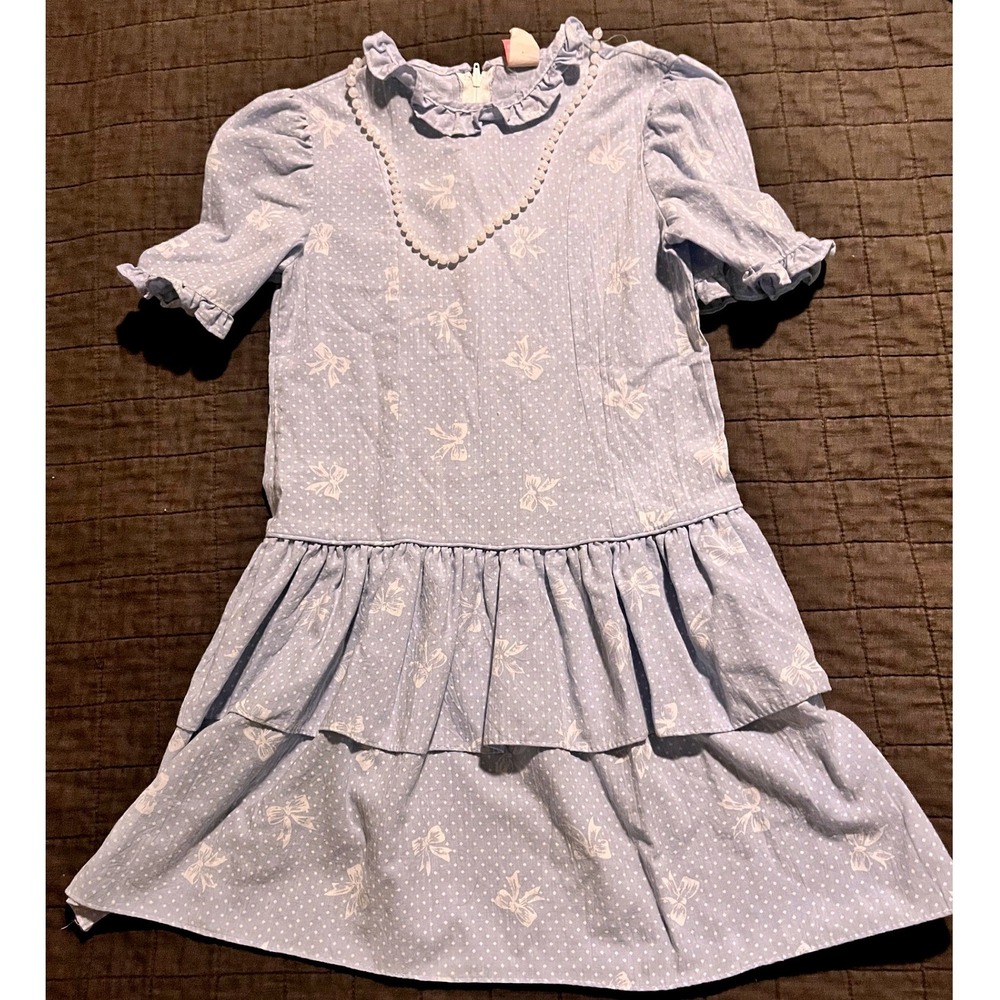 Vintage Miss Quality‎ Girls Blue Polka Dot Bow Dress Pearl Detail Drop Waist